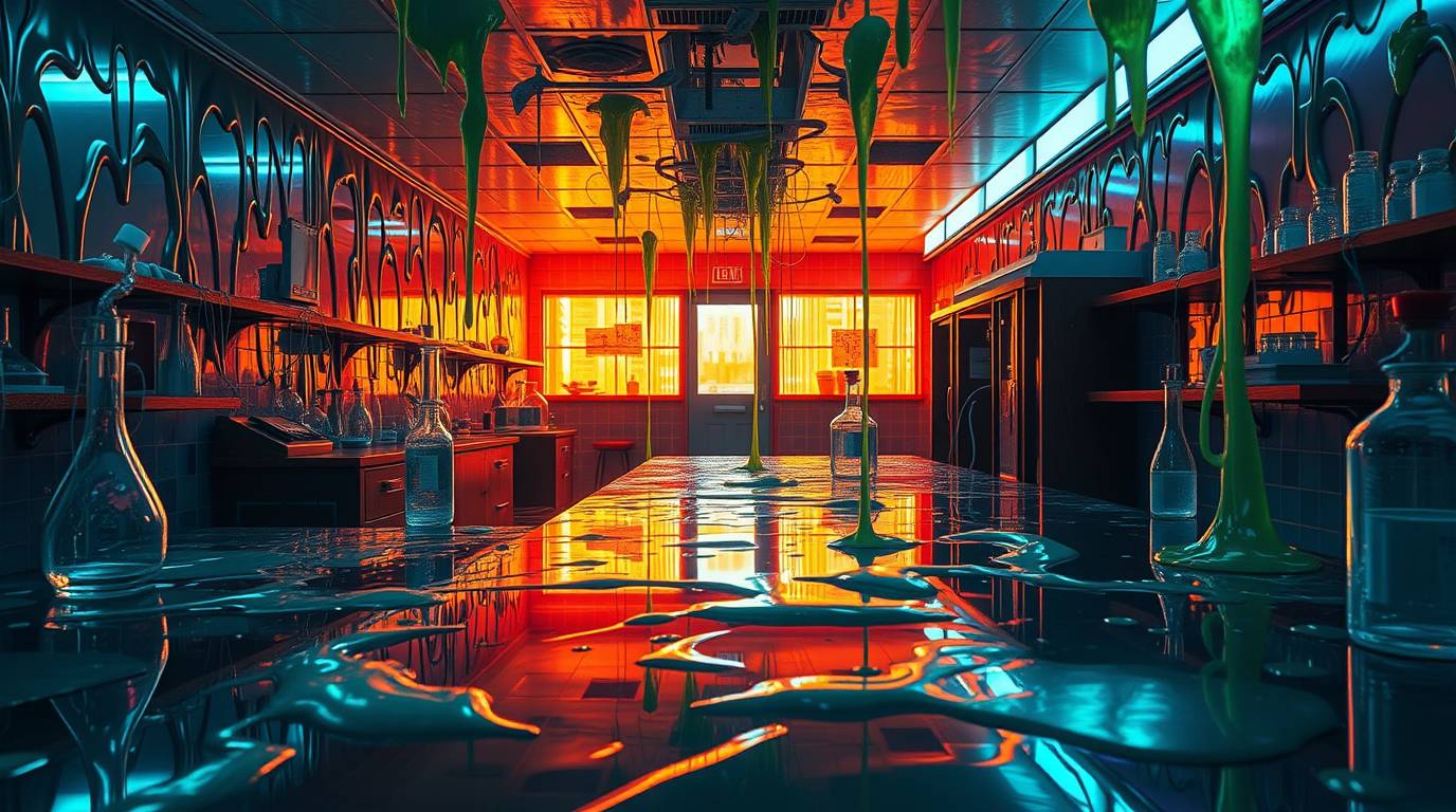 Explore a science lab completely overtaken by slime, rendered in a dramatic, cinematic style. Iridescent colors create vibran