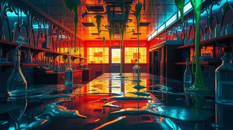 Explore a science lab completely overtaken by slime, rendered in a dramatic, cinematic style. Iridescent colors create vibran