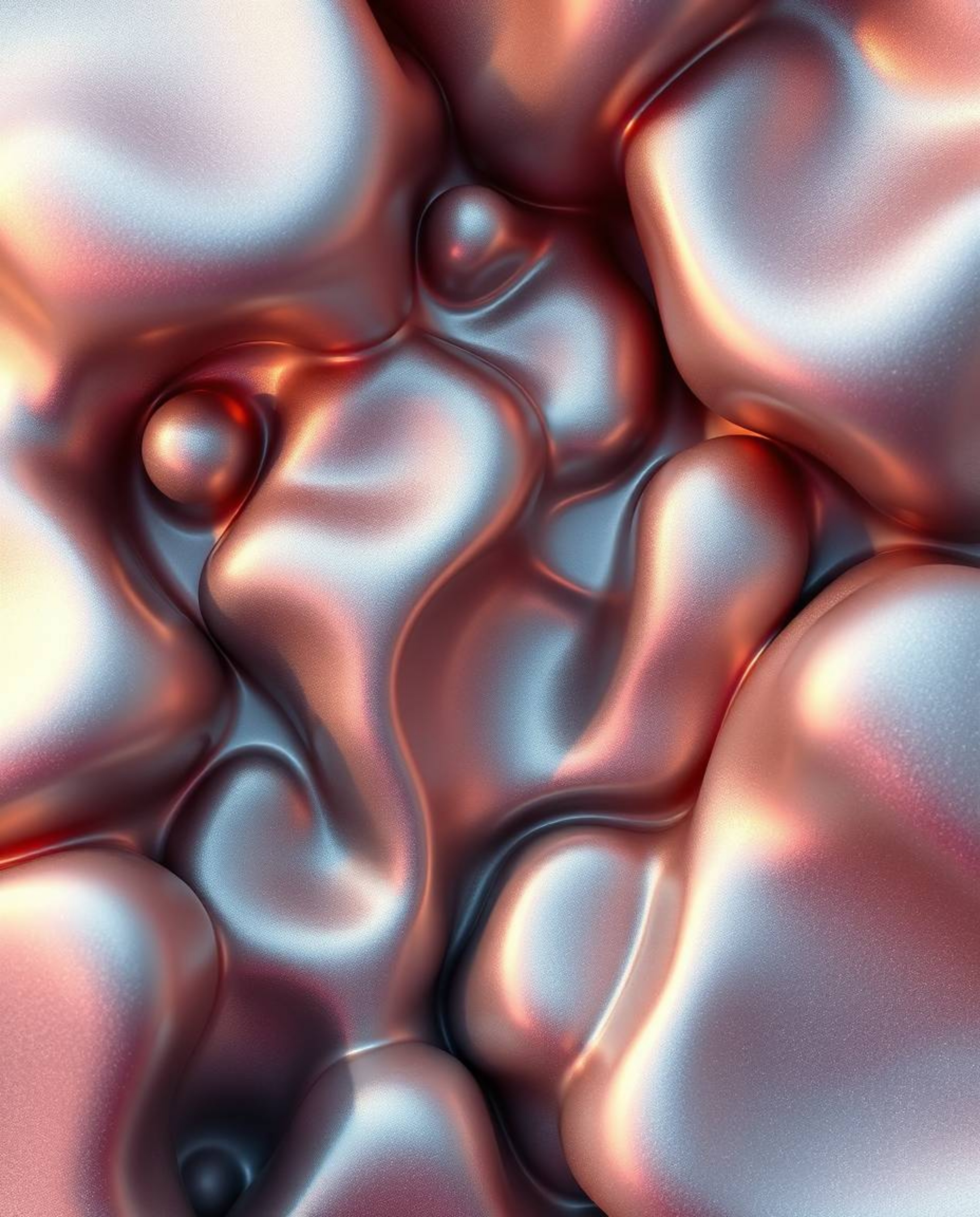 This captivating artwork features a mesmerizing overhead view of smooth, 3D metallic shapes floating in a mystic and enchanti