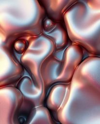 This captivating artwork features a mesmerizing overhead view of smooth, 3D metallic shapes floating in a mystic and enchanti