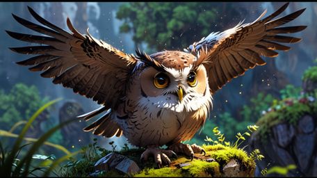 A serene and poignant scene, beautifully rendered in a blend of Pixar and anime styles. A wise blind owl is depicted sitting 