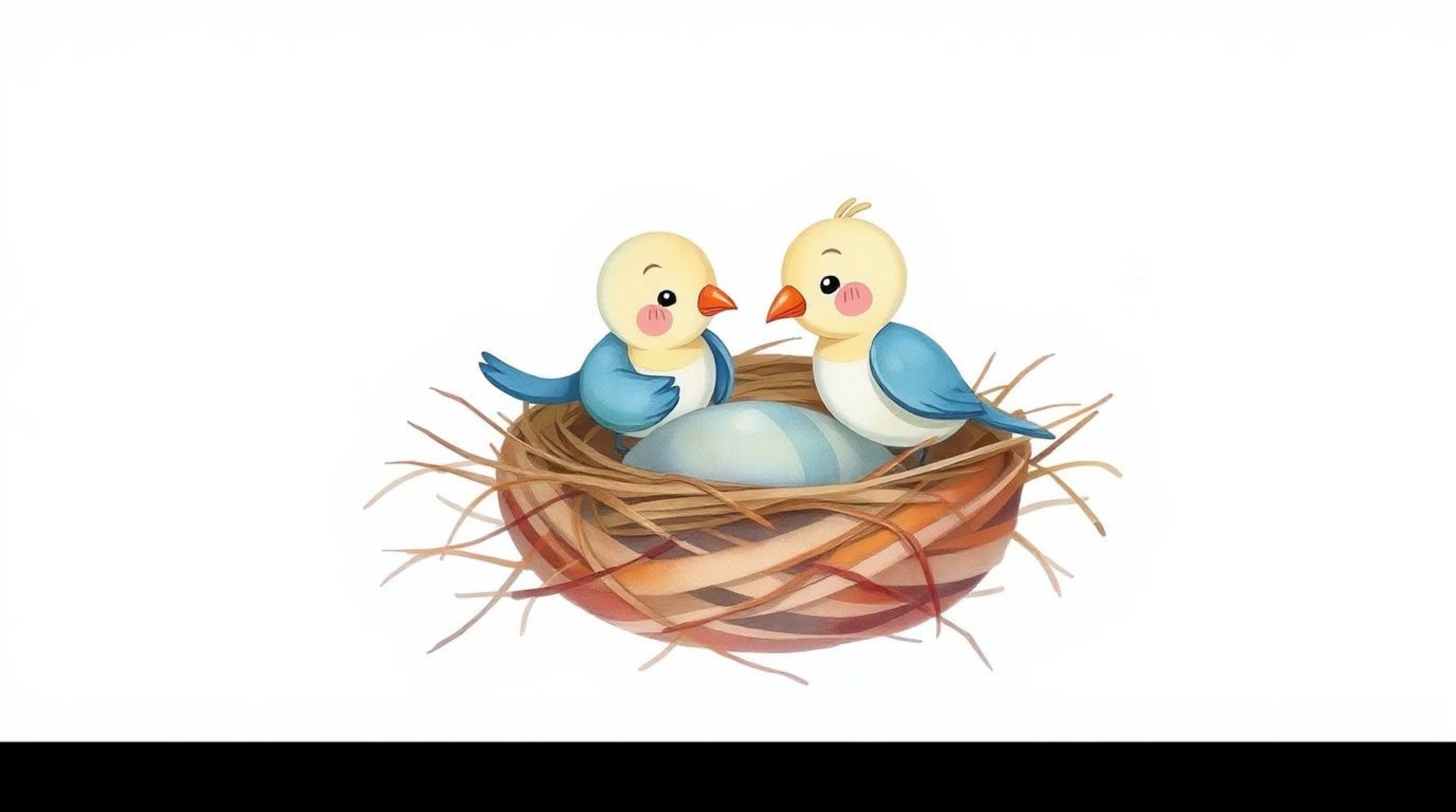 This delicate watercolor painting depicts two charming cartoon birds diligently building their nest in a style reminiscent of