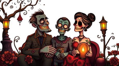 This symbolic traditional tattoo art print captures a heartfelt family reunion in a unique Pixar style. The image evokes an e