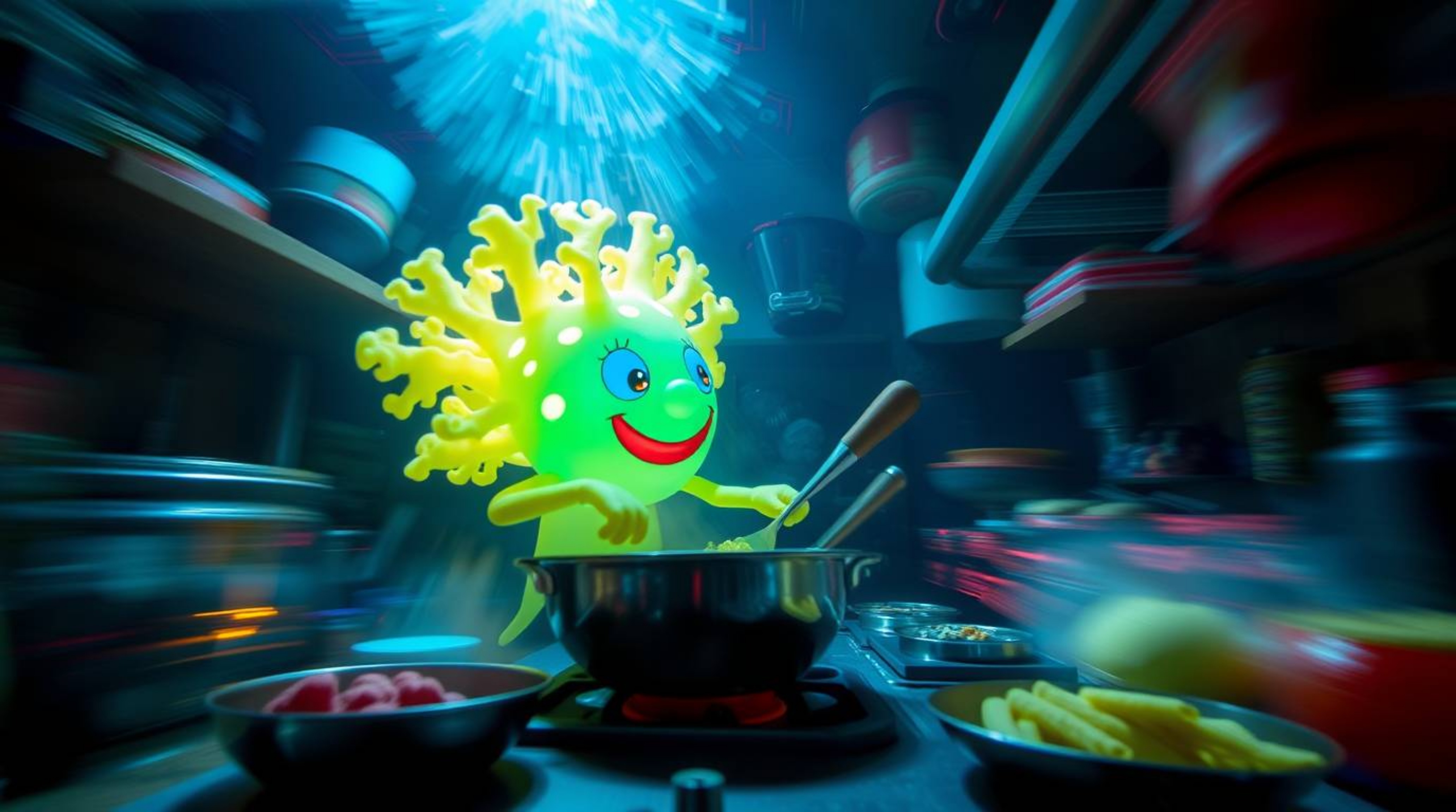 A dynamic long-exposure photograph capturing a glowing bioluminescent sponge character in motion as it enthusiastically cooks