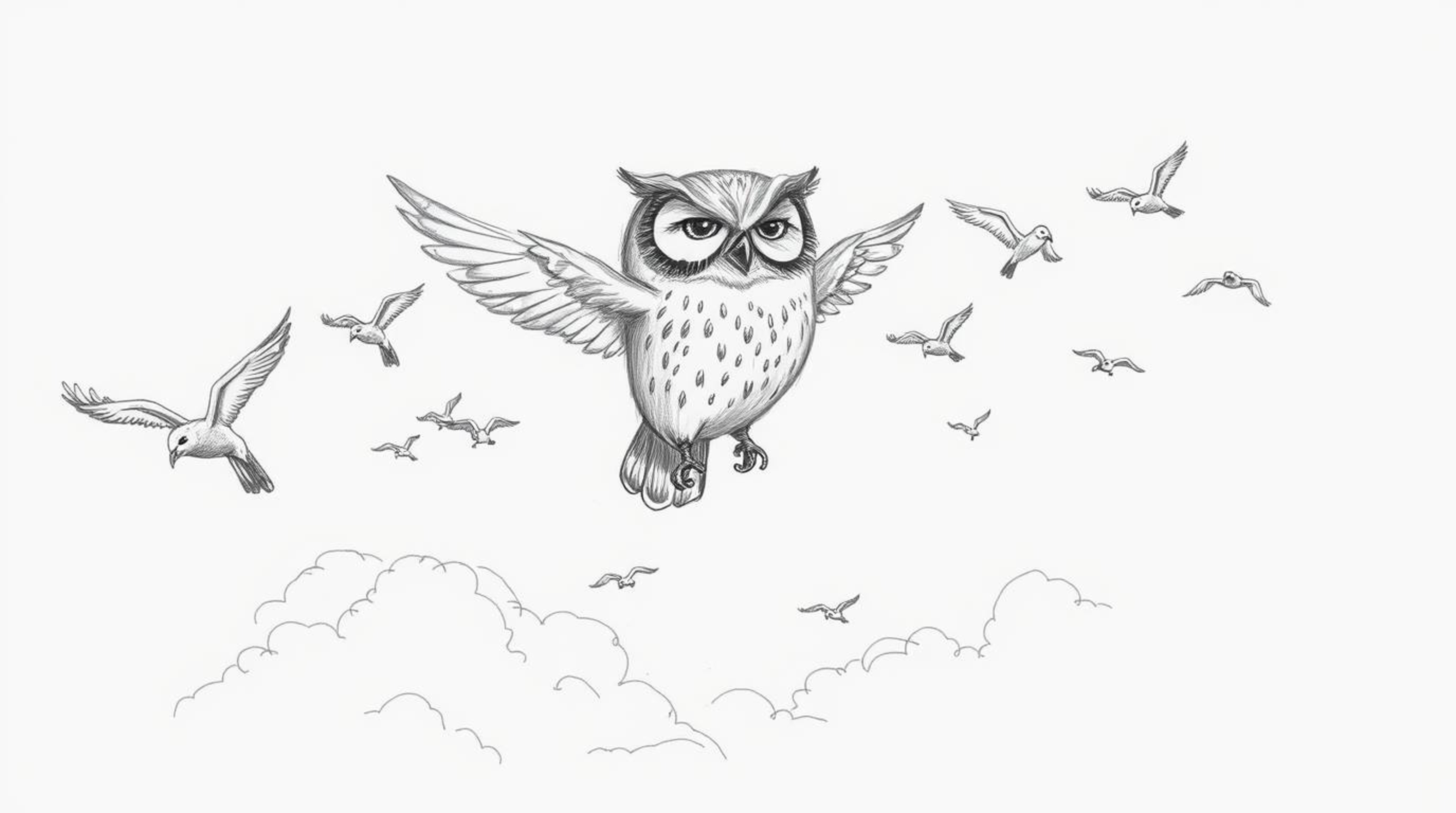 A captivating hand-drawn sketch, reminiscent of Pixar animation, depicts a serene blind owl leading a diverse flock of birds 