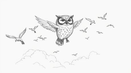 A captivating hand-drawn sketch, reminiscent of Pixar animation, depicts a serene blind owl leading a diverse flock of birds 