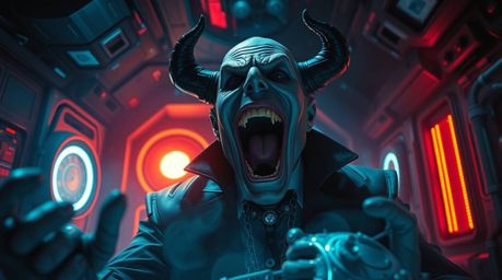 Explore a dreamlike and surreal scene portraying a villain experiencing a humorous breakdown within a high-tech lair. Intense