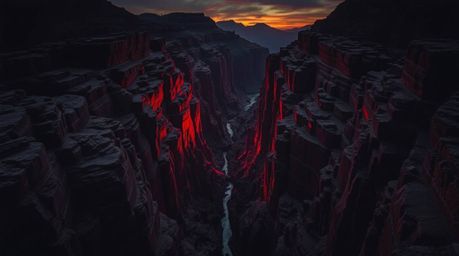 A rocky canyon, bathed in the warm hues of a setting sun, creates an eerie and creepy atmosphere. Diffused shadows and subtle