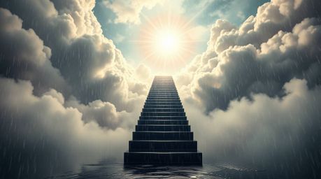 A surreal artwork depicts a stairway ascending through smoky clouds towards a radiant celestial light.  The image, possibly a