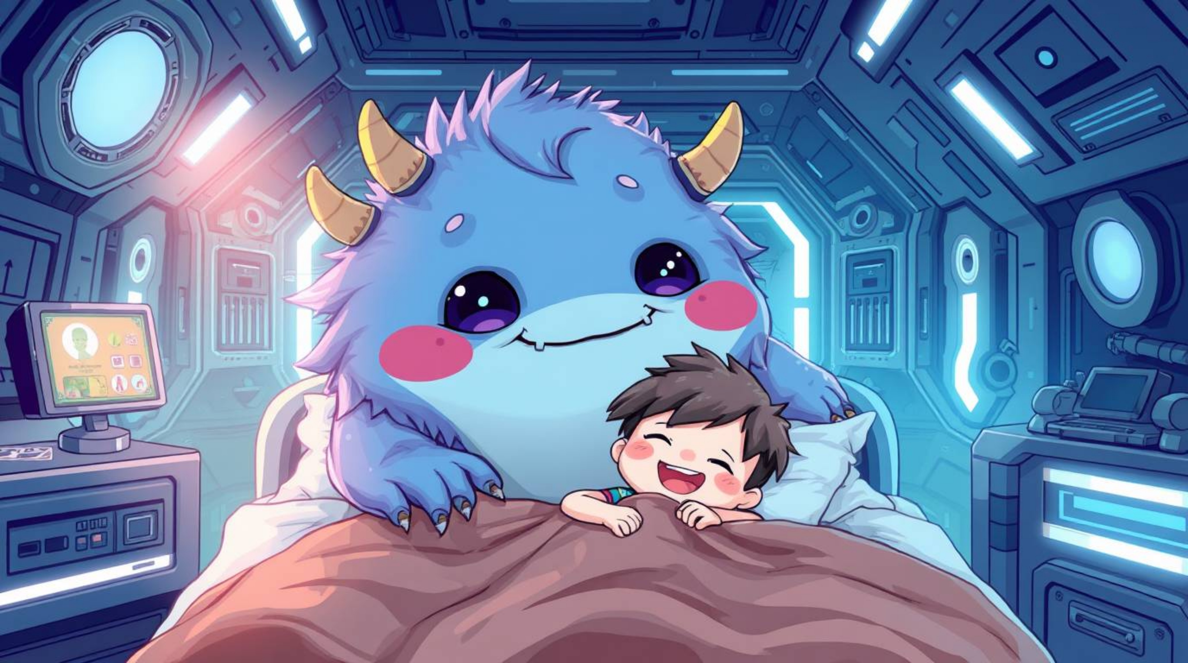 Discover a heartwarming illustration of an adorable monster and a joyful child forming an unlikely friendship under a bed, am