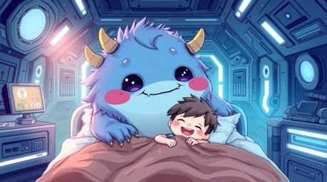 Discover a heartwarming illustration of an adorable monster and a joyful child forming an unlikely friendship under a bed, am