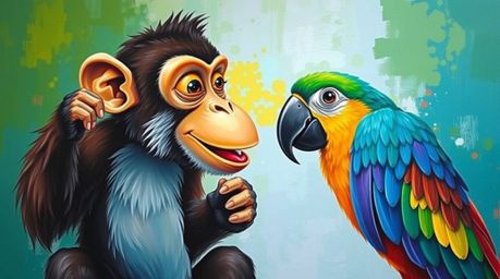 A captivating painting showcases a mischievous monkey and parrot duo engaged in a playful escapade.  The artwork utilizes con