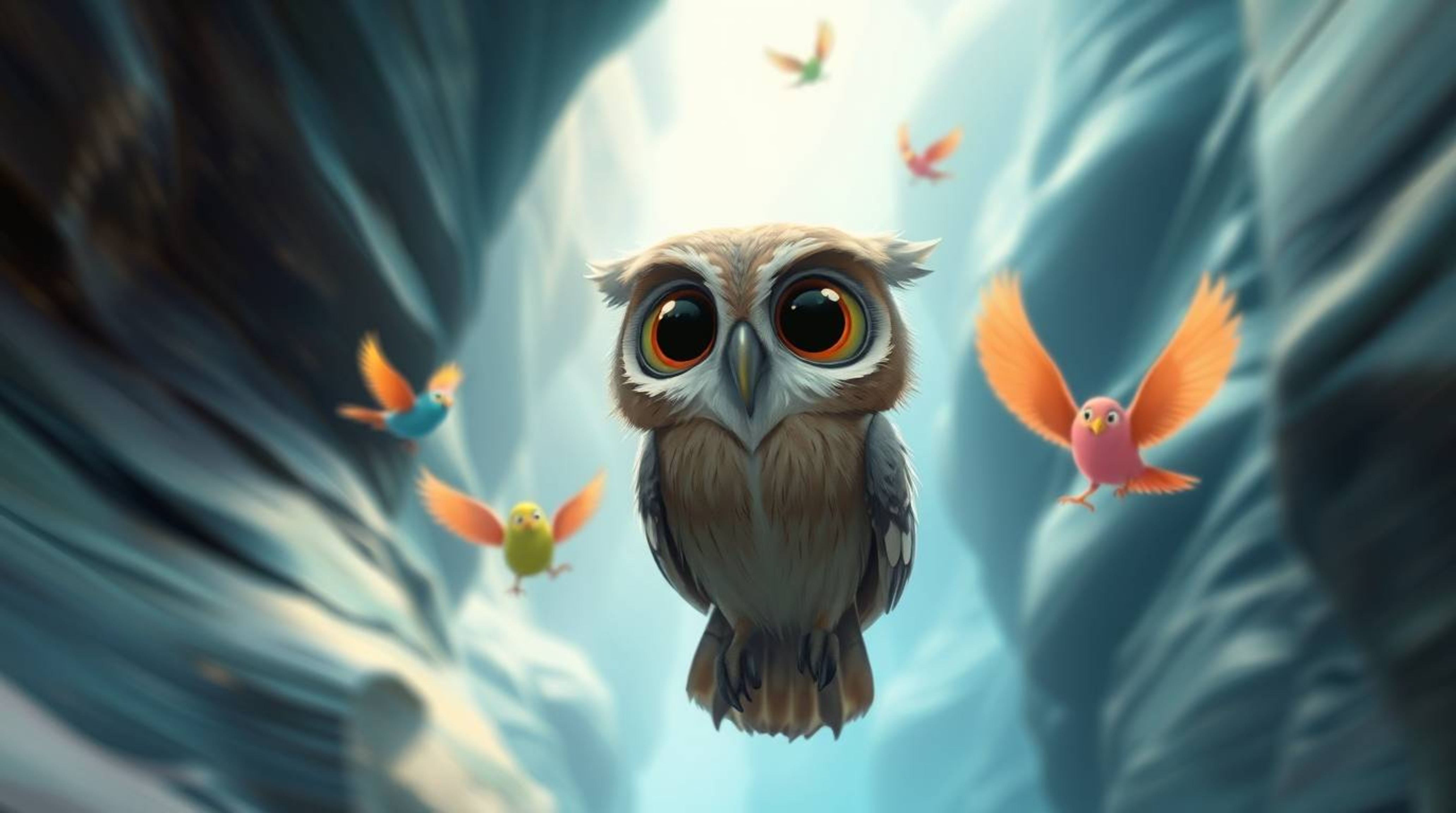 Experience a joyful, ethereal, and mystical atmosphere in this beautiful Pixar-style illustration. A blind owl, brought to li