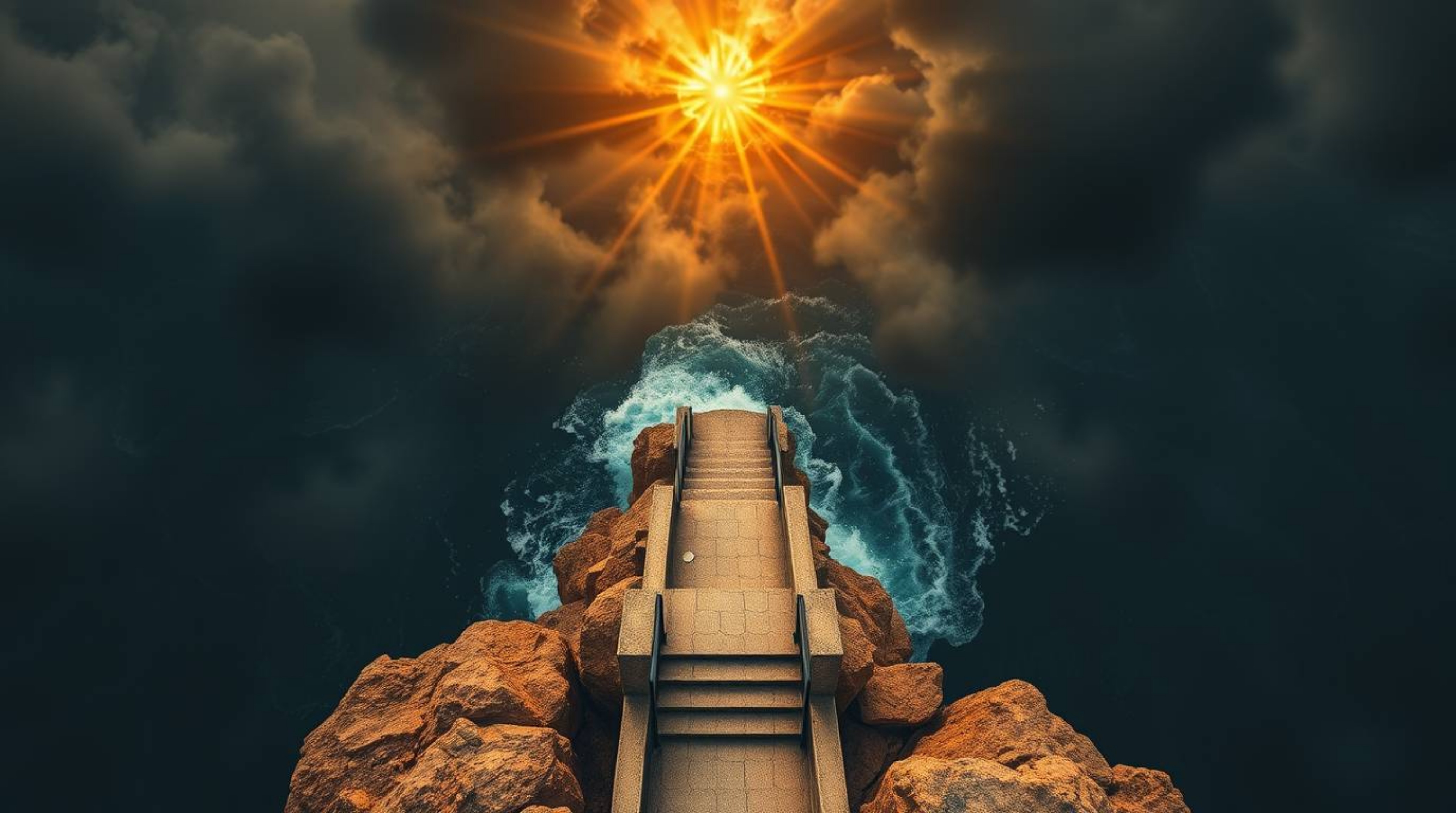 A breathtaking overhead shot captures a dramatic staircase rising from the ocean towards a stormy sky, illuminated by a radia