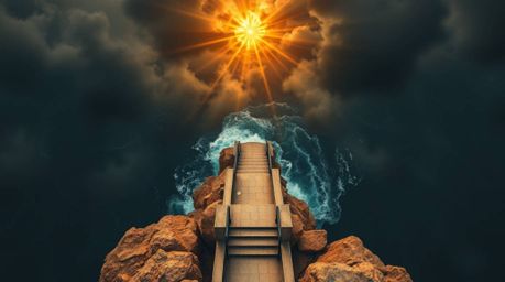 A breathtaking overhead shot captures a dramatic staircase rising from the ocean towards a stormy sky, illuminated by a radia