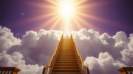 A mesmerizing architectural color photograph depicts a golden staircase gracefully ascending through swirling clouds towards 