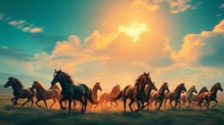 A captivating illustration depicts a herd of wild horses galloping under a vibrant, glowing sky.  Rendered in rich teal hues 