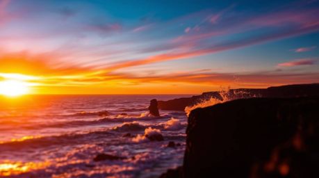 Experience the raw beauty of nature with silhouetted waves crashing against dramatic cliffs under a blazing sunset sky. This 