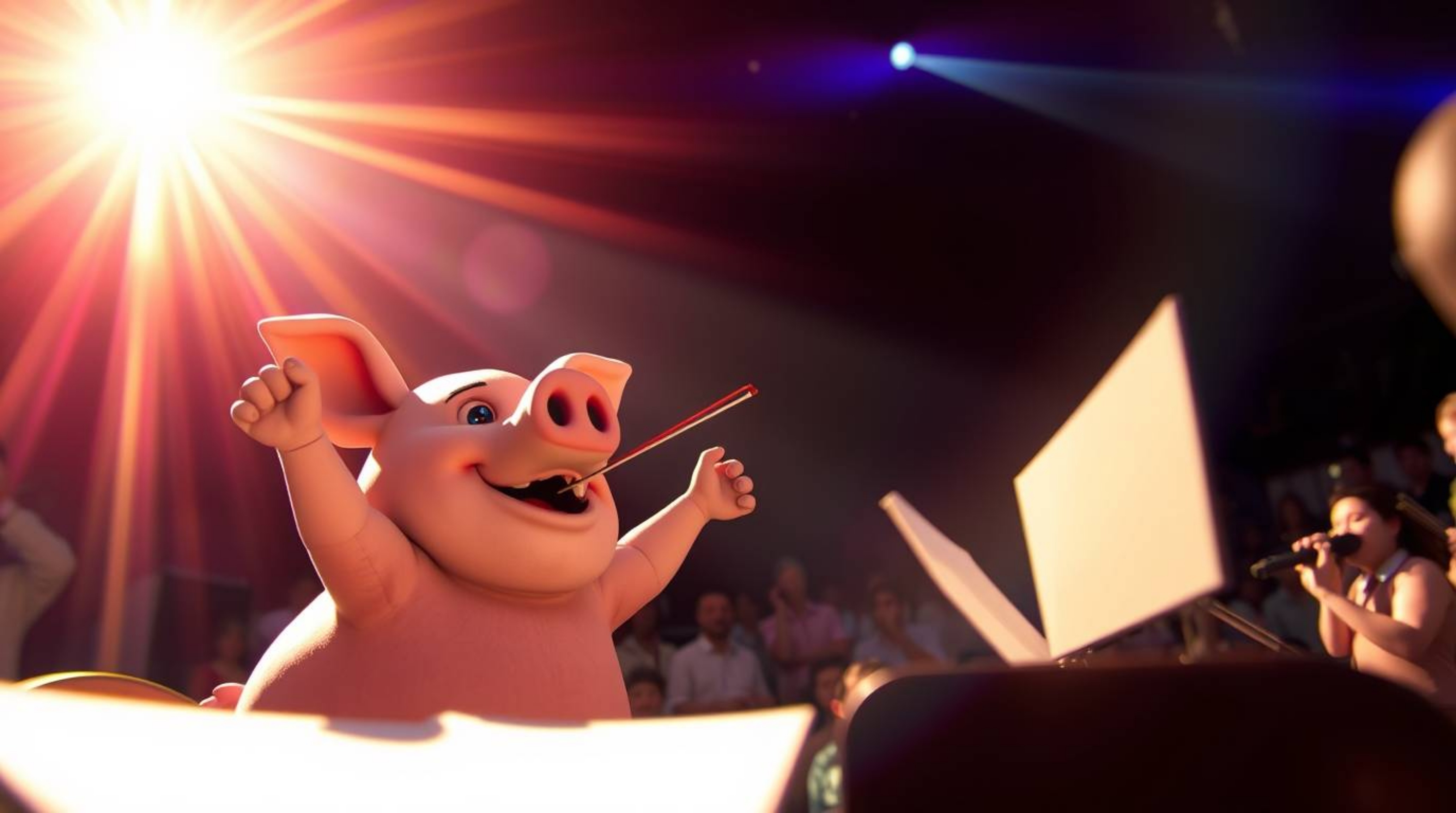 A whimsical high-angle shot depicts a pig character energetically conducting an orchestra, bathed in bright lens flares and v