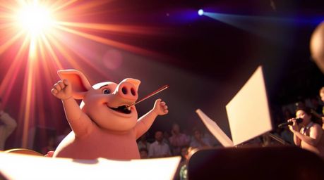 A whimsical high-angle shot depicts a pig character energetically conducting an orchestra, bathed in bright lens flares and v