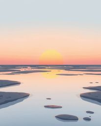 A soft pastel illustration captures a serene sunset sky as it is mirrored in the tranquil tidal pools on a beach. The artwork