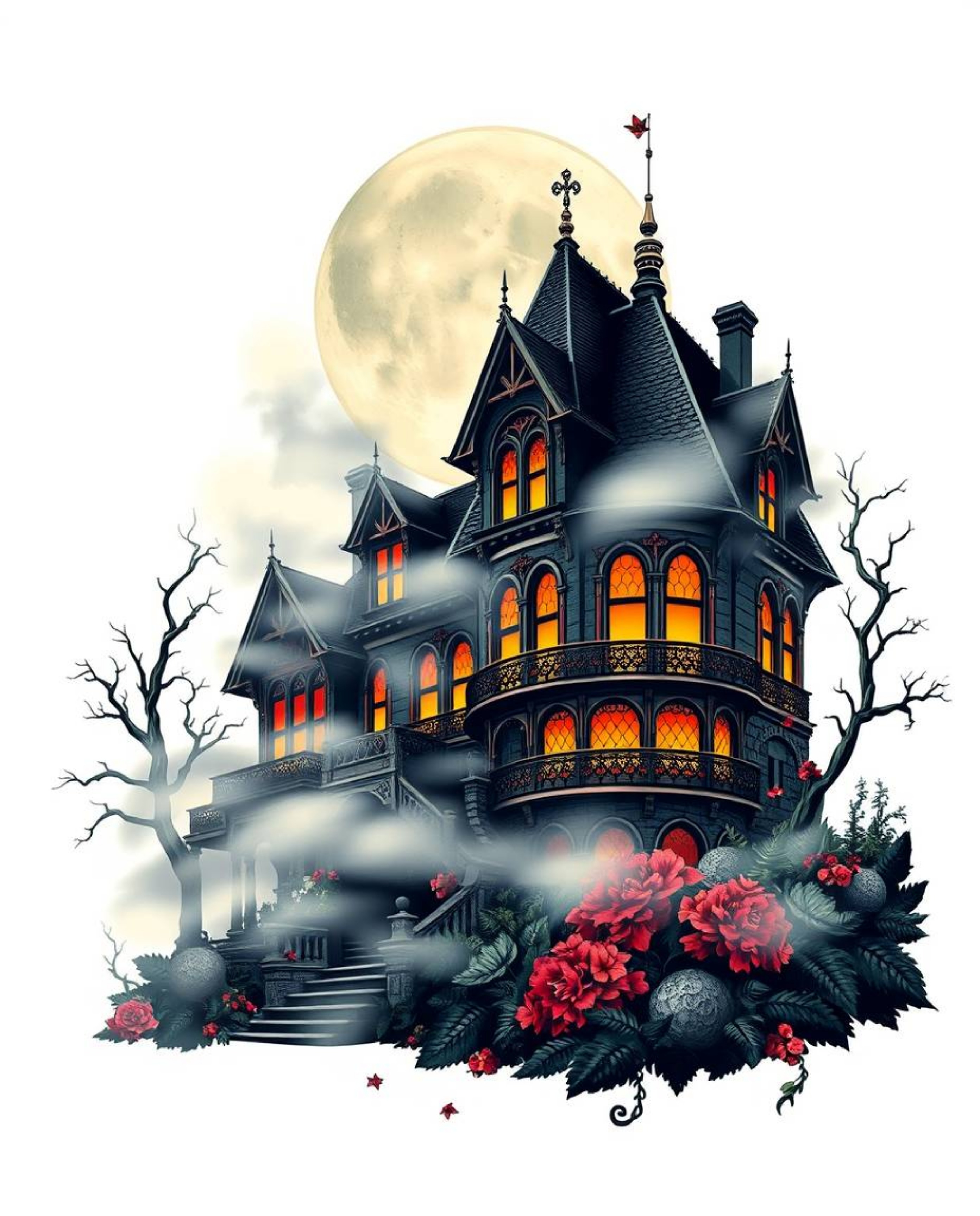 This intense dramatic lighting illuminates a symbolic traditional tattoo art print featuring a fog-covered Victorian mansion