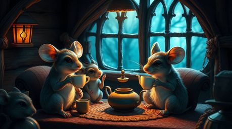 A charming scene unfolds featuring anthropomorphic mice enjoying a delightful tea party inside a cozy cottage. The image is b