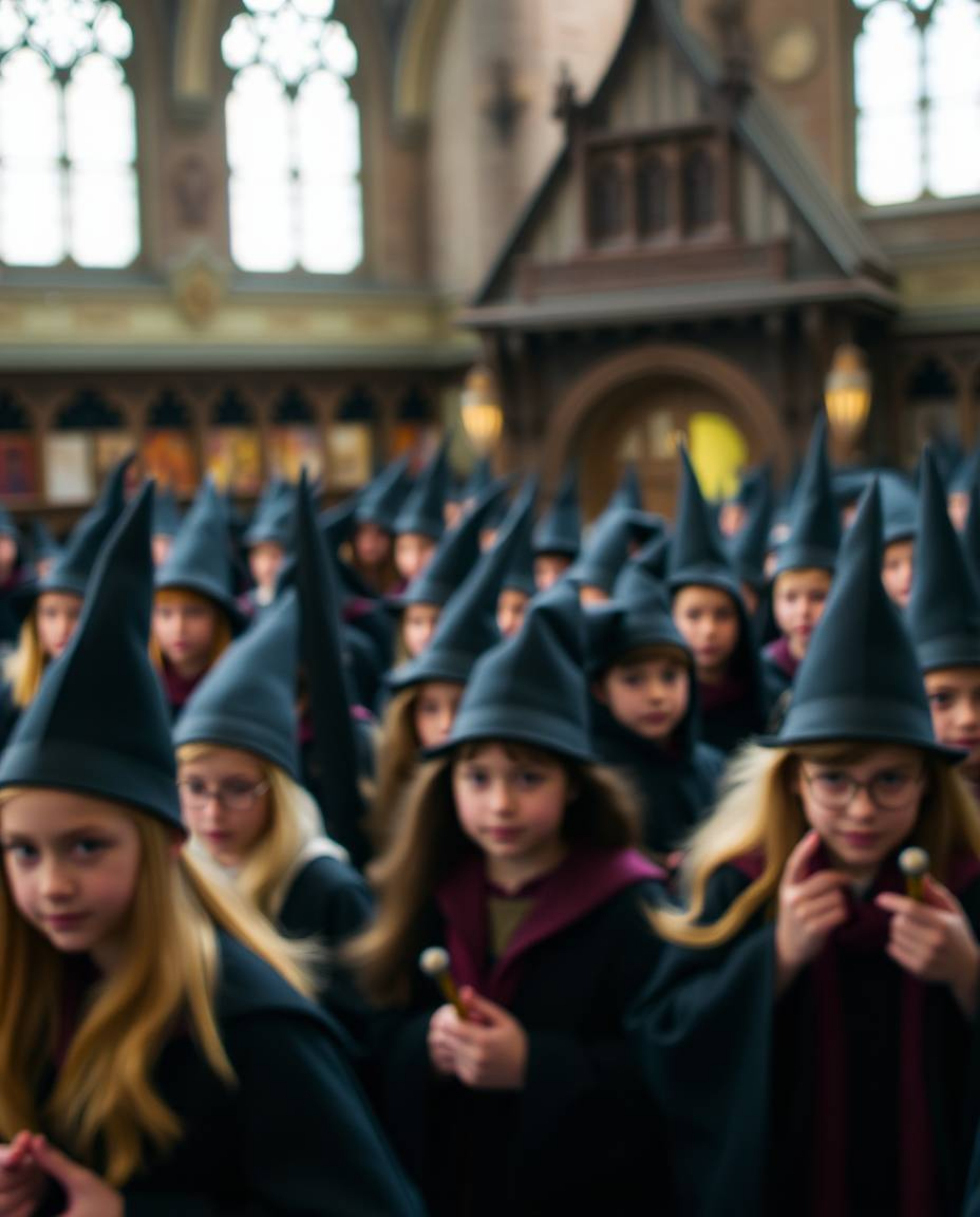 This photograph captures a magical school teeming with young wizards. A deliberate bokeh effect blurs the background, drawing