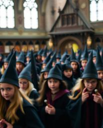 This photograph captures a magical school teeming with young wizards. A deliberate bokeh effect blurs the background, drawing