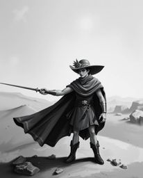 A captivating classic black and white oil painting depicts a brave, Disney-style desert hero.  The artwork features elegant a