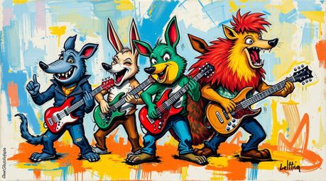 This vibrant acrylic painting features a lively band of cartoon animals rocking out with energy. The artist uses bold colors 