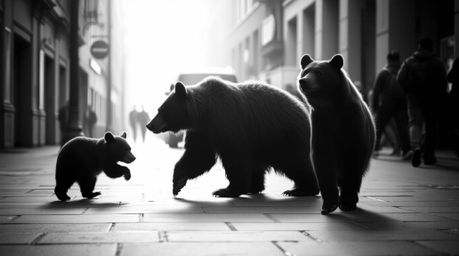 A captivating black and white photograph captures a bear family's unexpected urban adventure.  Rendered with gentle, soft lig