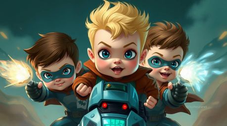 A vibrant digital painting depicts three charming and adorable superpowered children engaged in an epic battle against a form