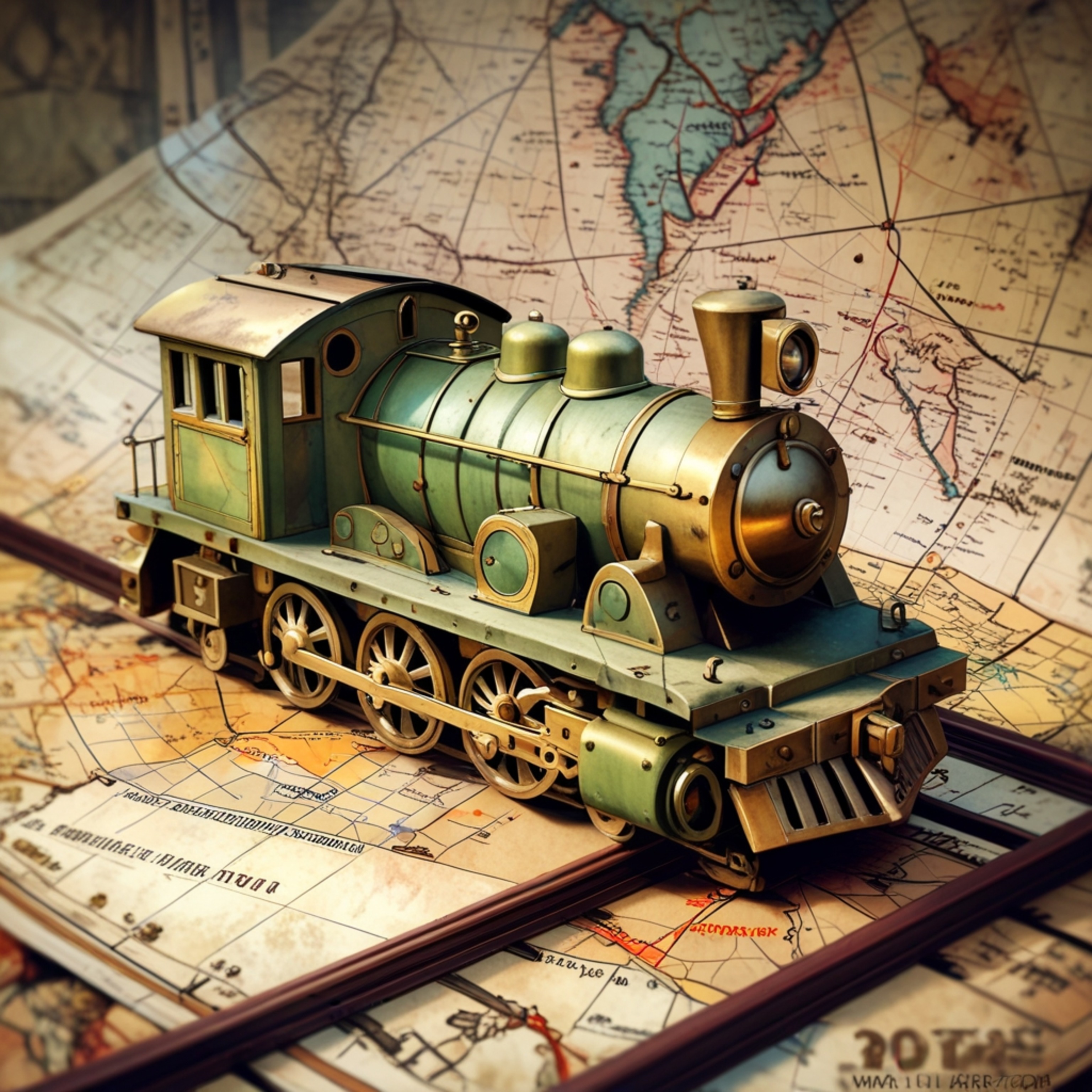 A captivating vintage toy train, meticulously crafted from brass and wood, sits gracefully upon an aged map. The map's faded