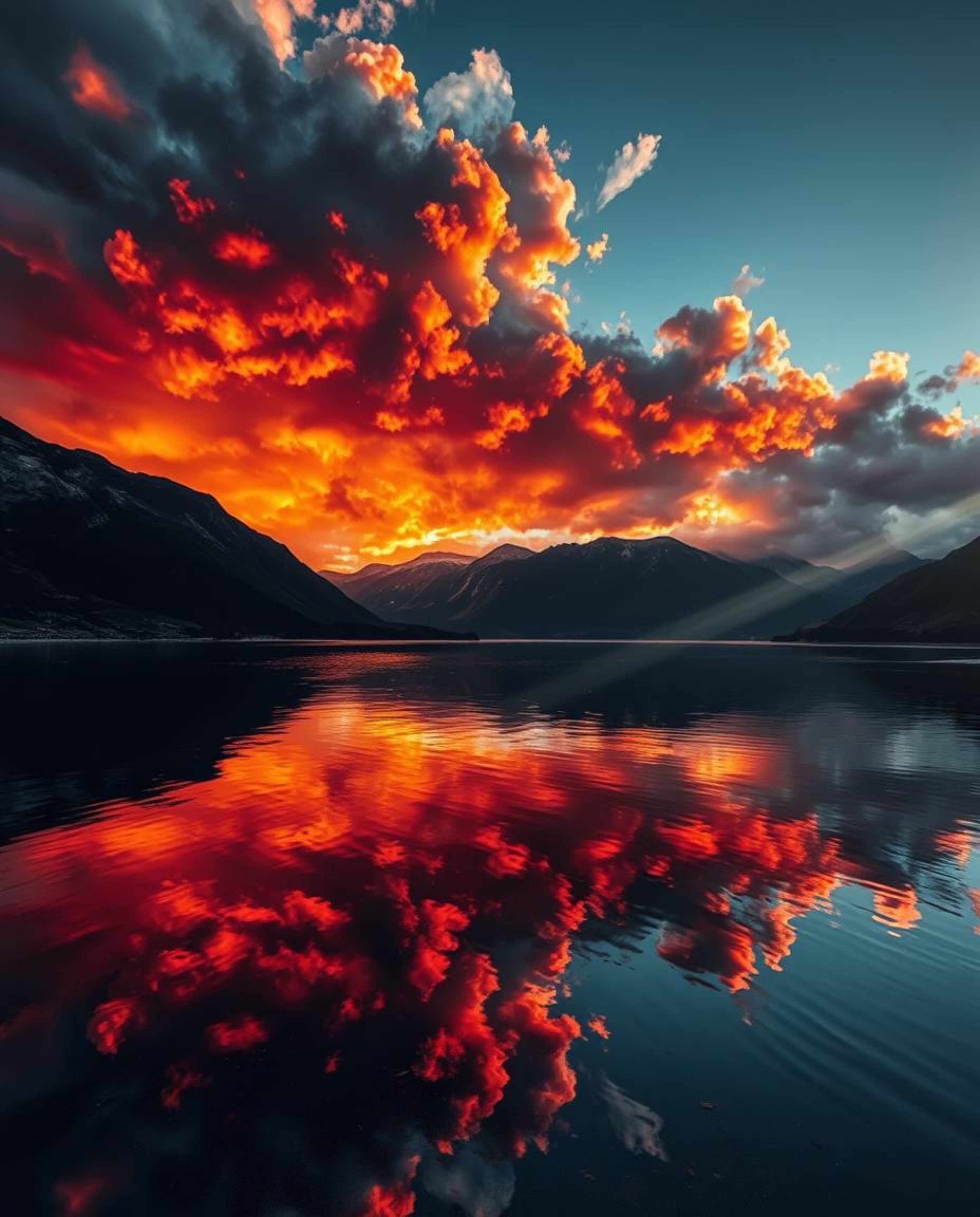 A photograph depicting intense jet black reflections of fiery clouds in a mountain lake. This striking image features a dynam
