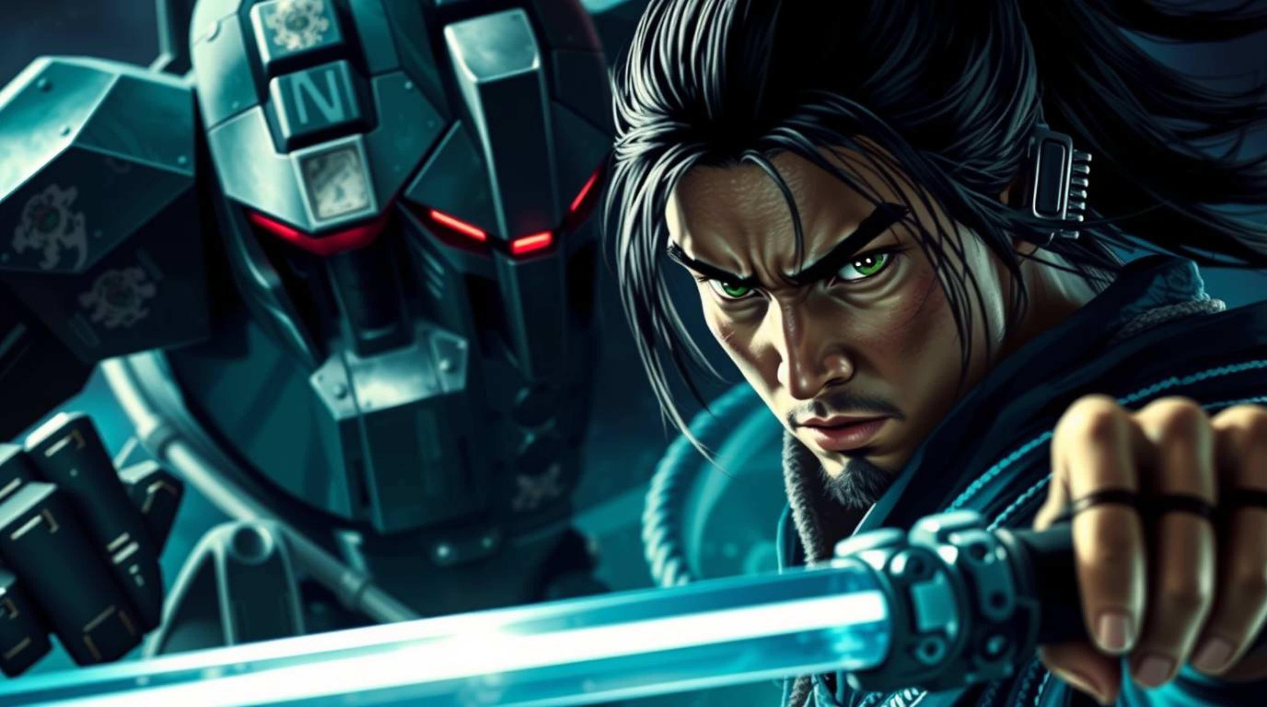 A determined samurai with dark hair confronts a powerful robot in a gritty dystopian world.  The scene is rendered in high co