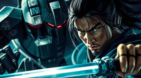 A determined samurai with dark hair confronts a powerful robot in a gritty dystopian world.  The scene is rendered in high co