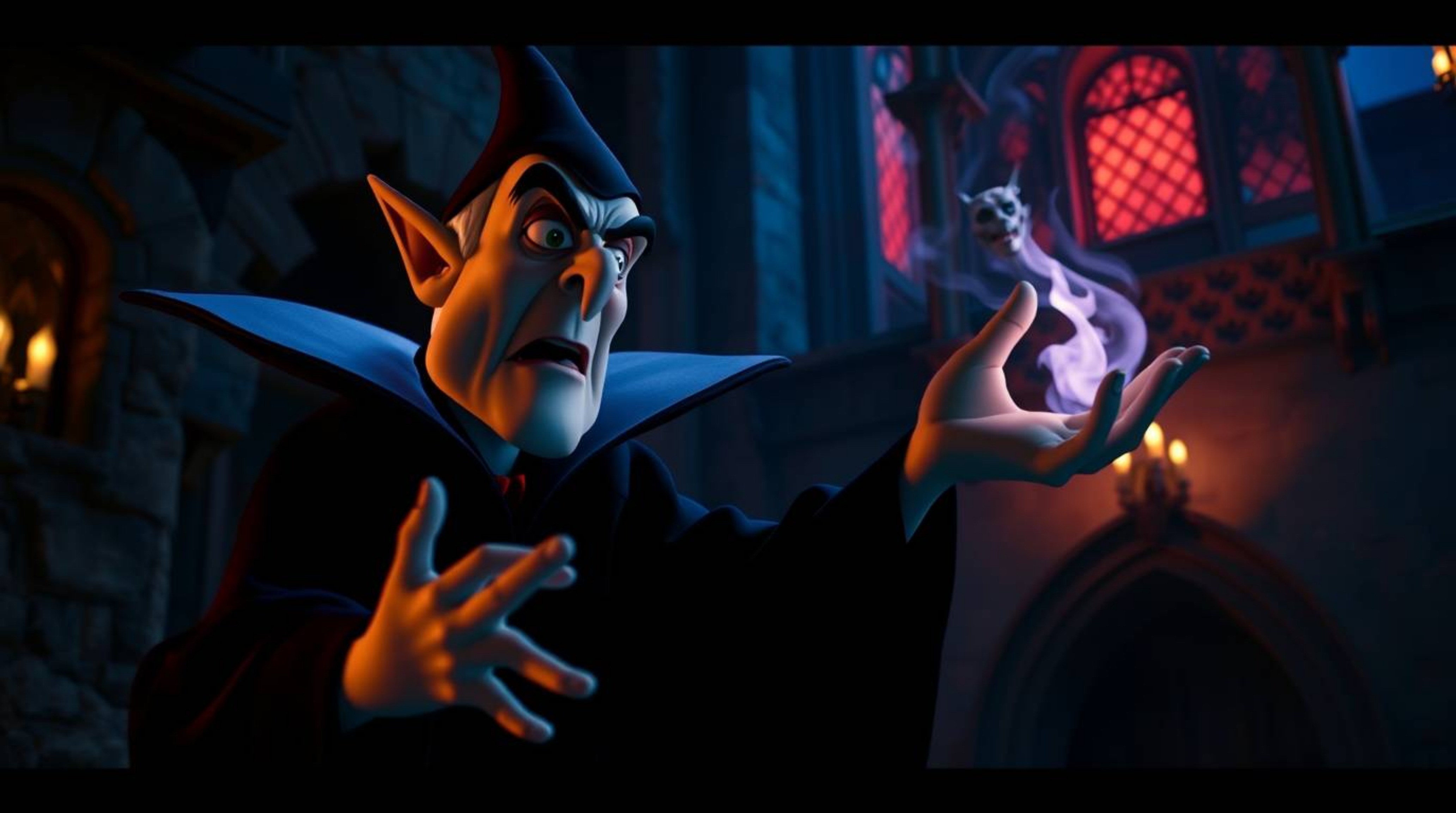 A captivating cinematic shot of a classic Disney villain, rendered with exaggerated features and dark attire, casting a power