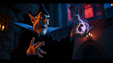 A captivating cinematic shot of a classic Disney villain, rendered with exaggerated features and dark attire, casting a power