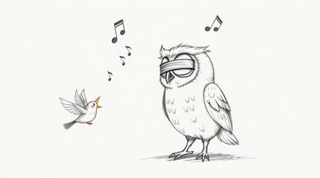 A heartwarming hand-drawn sketch, reminiscent of Pixar's style, portrays a blind owl with delicate feathers patiently guiding