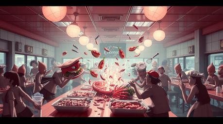 A captivating image depicts a chaotic yet elegant food fight in a cartoon cafeteria, uniquely rendered in surreal infrared to