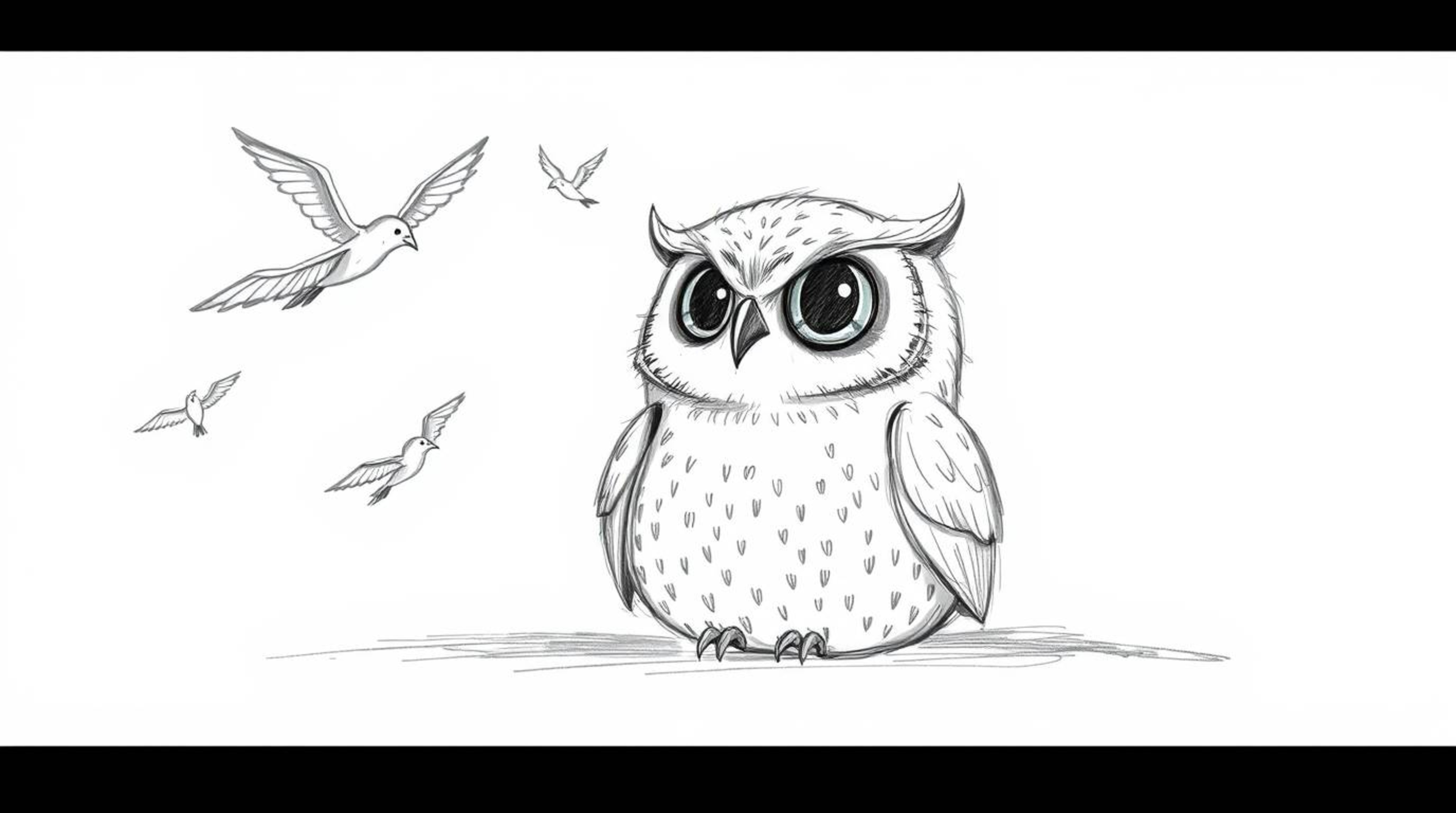 A heartwarming hand-drawn sketch in the style of Pixar depicts a blind owl with soft feathers and a serene expression, loving