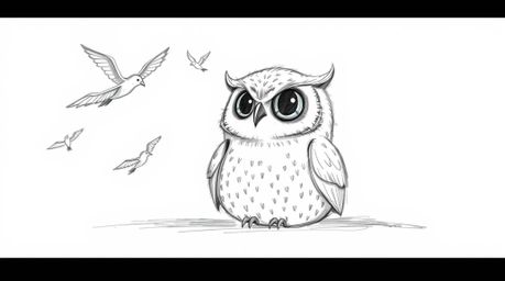 A heartwarming hand-drawn sketch in the style of Pixar depicts a blind owl with soft feathers and a serene expression, loving