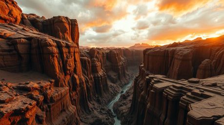 Explore a breathtaking rocky canyon rendered in a futuristic sci-fi style, captured from a low-angle perspective under intens