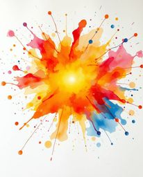 This stunning abstract artwork features a warm golden glow emanating from a vibrant explosion of colorful paint splashes on a