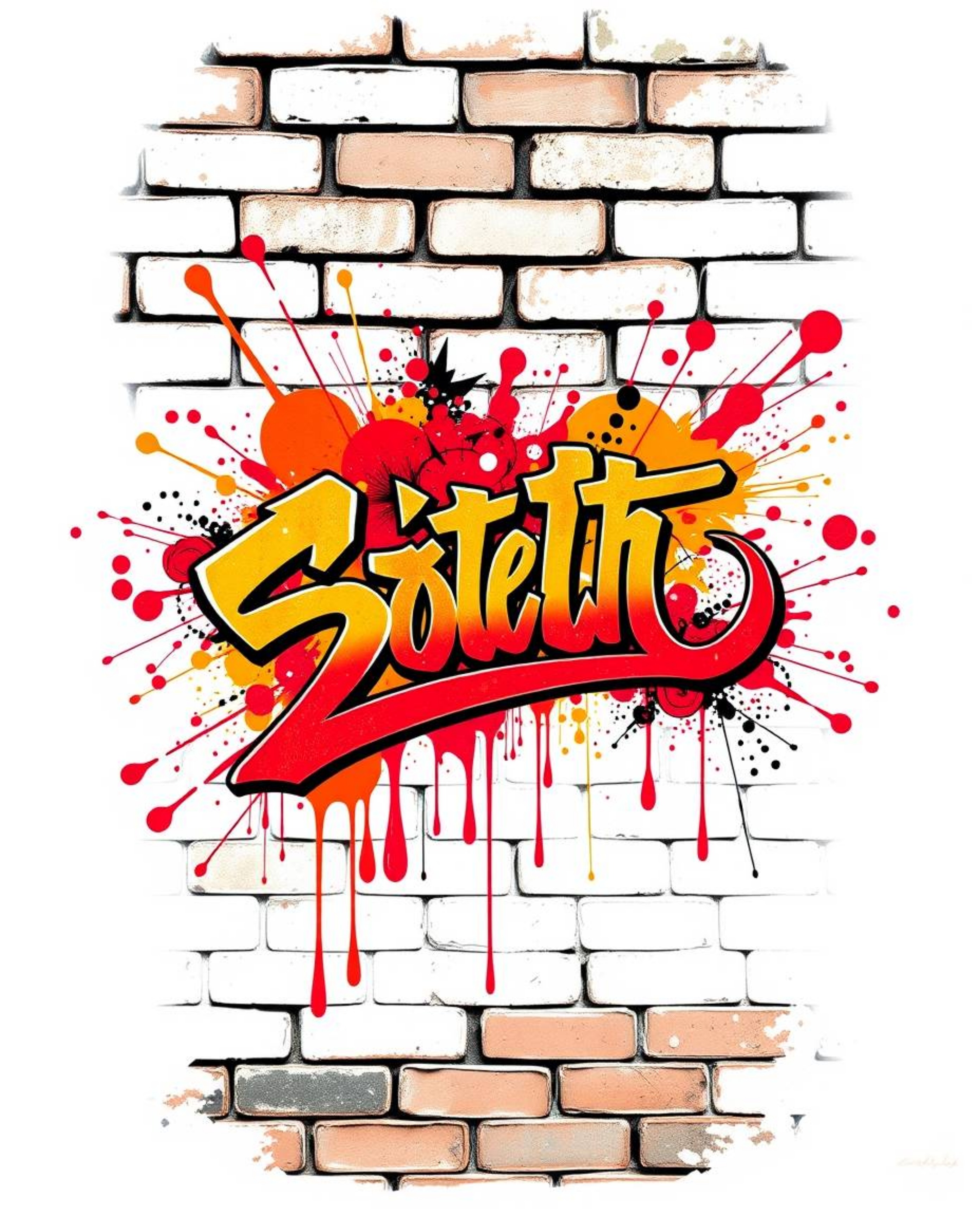 This vibrant art print features a warm, symbolic traditional tattoo design, rendered in a graffiti style against a brick wall