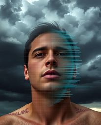 A dramatic photograph captures intense weather conditions, where a digital glitch transforms a human face into a mesmerizing 