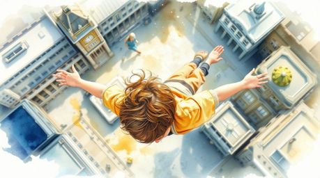 A delicate watercolor painting captures an overhead, bird's eye view of a young boy with pixie dust, soaring above London. Th