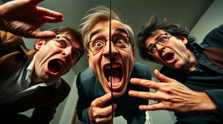 A low-angle photograph featuring a striking split perspective that amplifies a gross-out comedy moment. The image showcases e