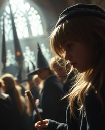 Discover the enchanting details of a magical school brimming with young wizards. This extreme macro photograph captures a clo